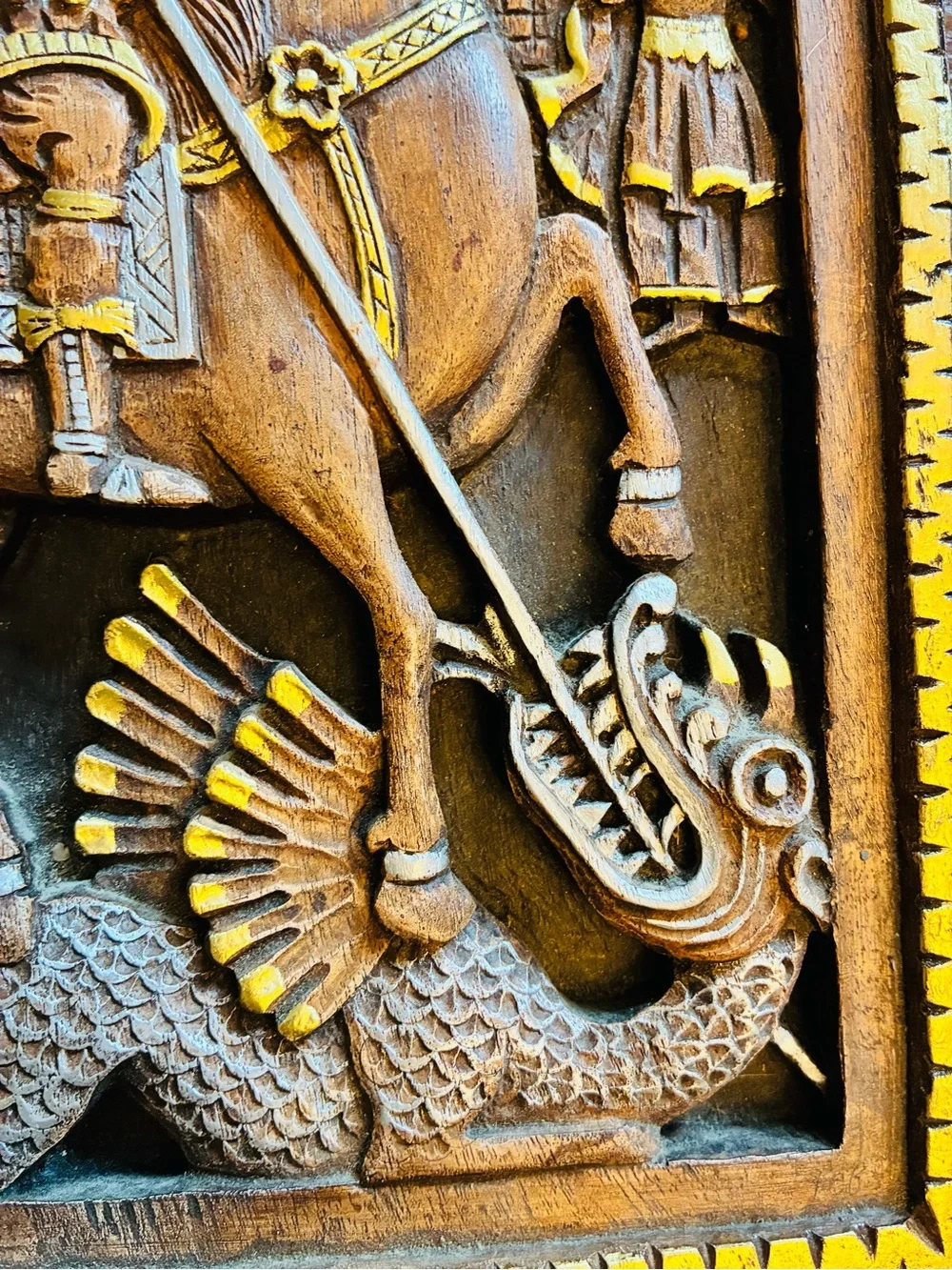 St George Slaying Dragon Carved Wood Relief Icon 3D Orthodox Wall Plaque FEB